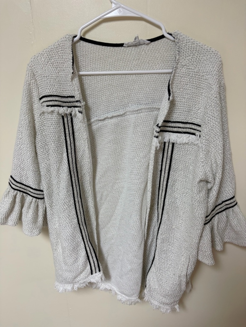 BB Dakota Cream Open-Front Knit Cardigan with Black Stripe Detail